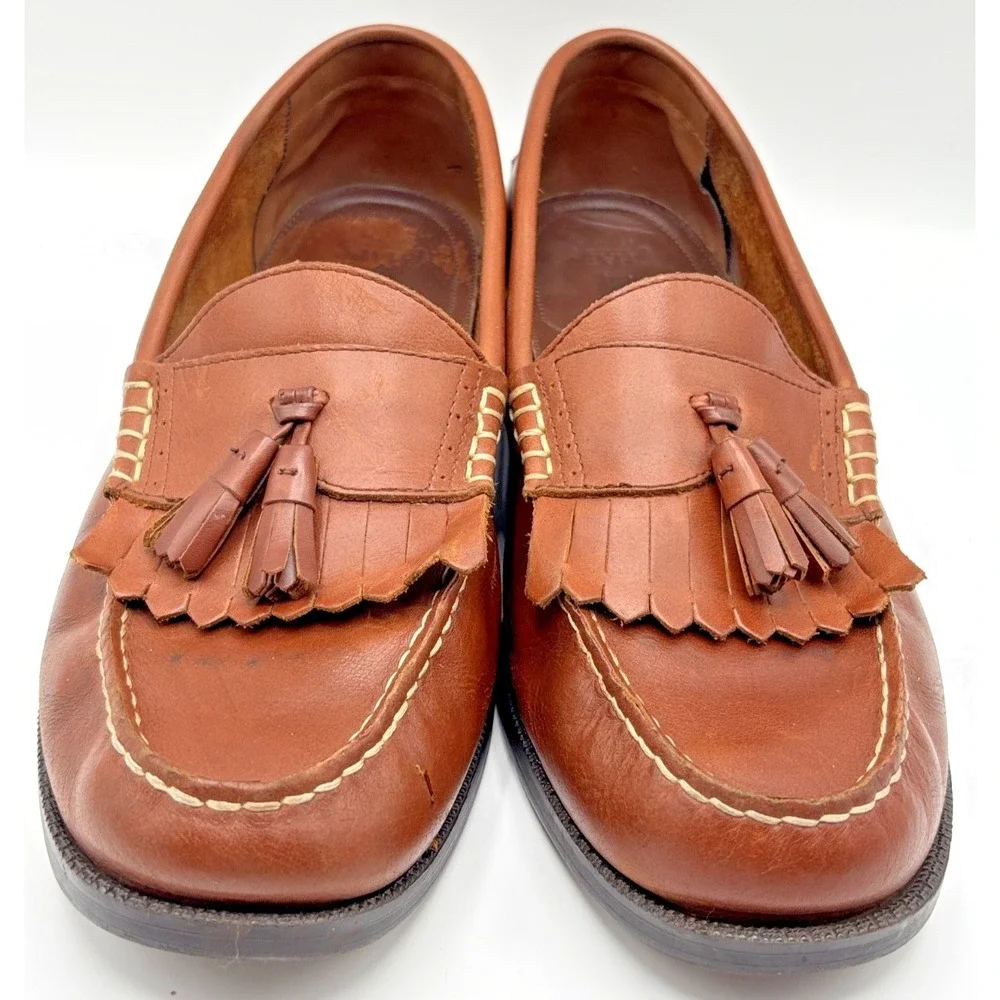 Chaps Men's Brown Leather Tassel Kiltie Loafers Moc Toe Slip On Dress Shoes 11.5